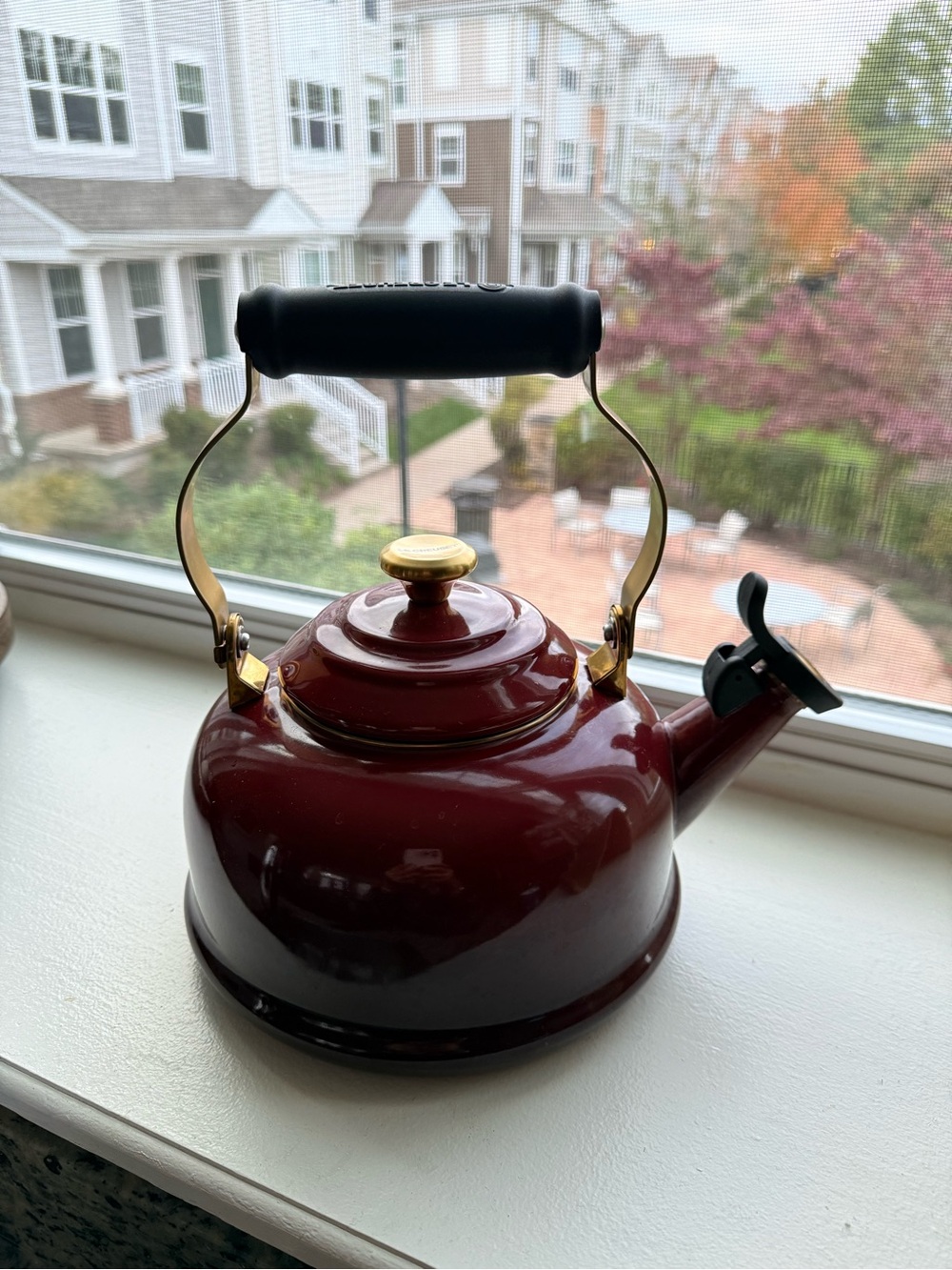 Le Creuset Cherry Red Whistling Tea Kettle with Black Handle